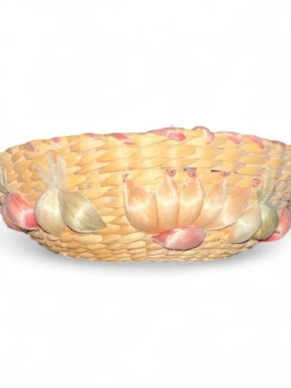 Vintage 70s Handwoven Straw Raffia Flower Accent Basket